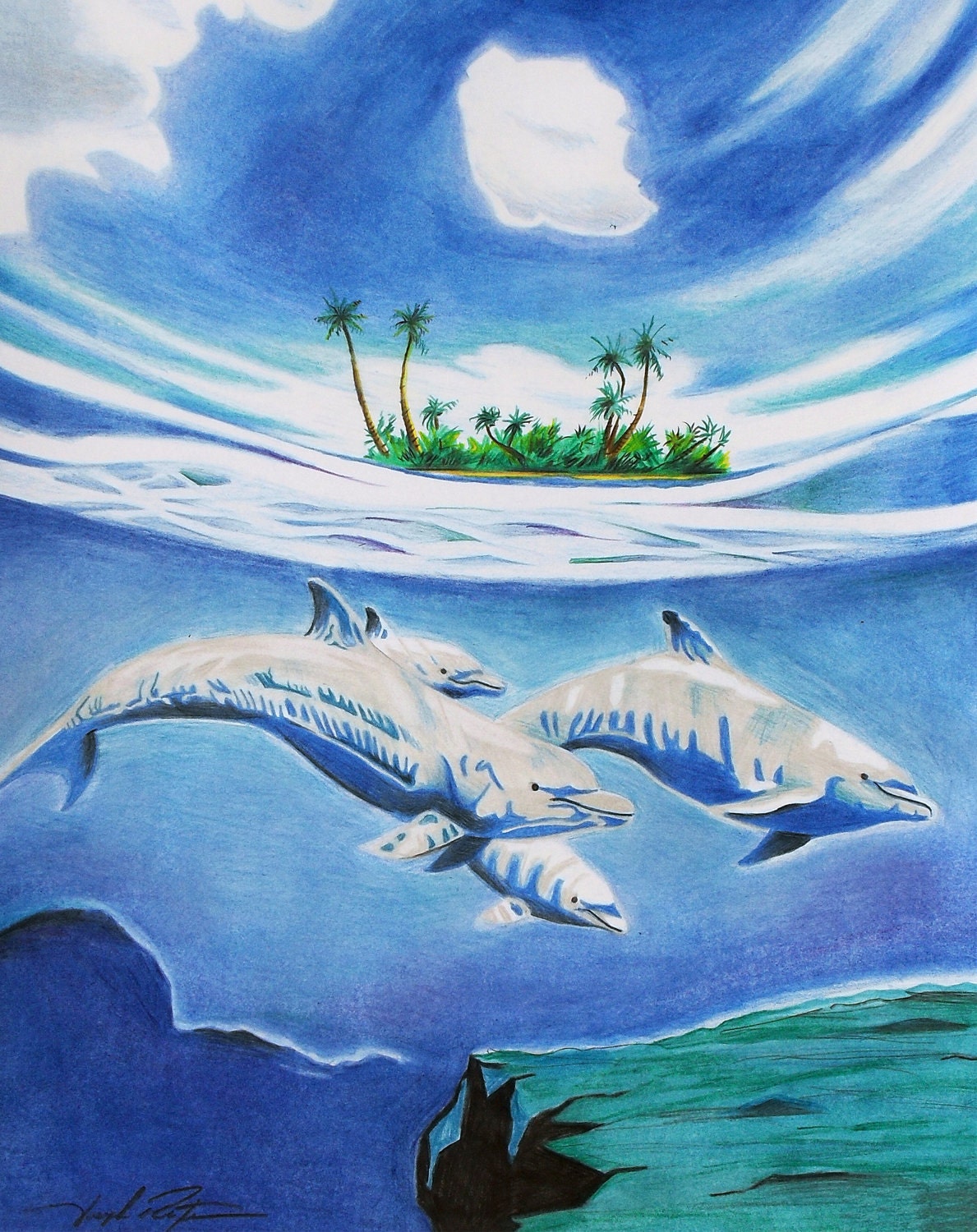 Dolphin Original Underwater Colored Pencil Drawing Reproduction 11x14 Illustration Poster Print
