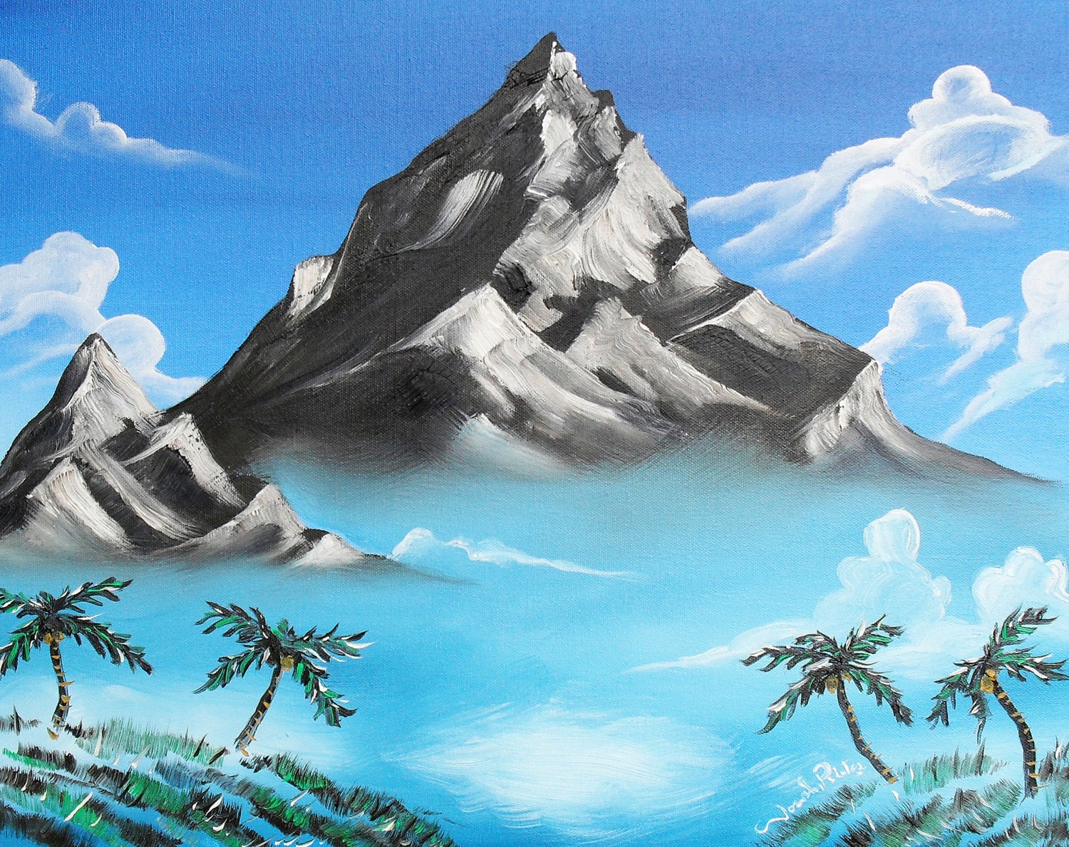 Paradise Lost Original Landscape Mountain and Palm Trees Blue and Greens Reproduction 11x14 Print