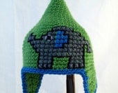 Pointed Green Baby Hat with Blue Accents, Earflaps and Embroidered Gray Elephant