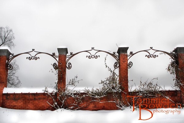 First Snowfall in the Garden - Original Photograph 8x10 - Secret Garden Trellis Brick Wall Fence Grey Red Home Decor
