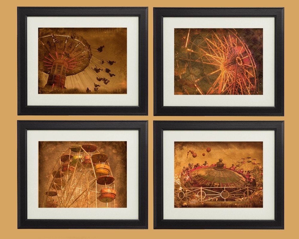 Carnival Vintage Set 1 - Four 8x10 Prints -  Instant Decor - Antique Style Textured Nostalgic Wall Art Ferris Wheel Swings Rides Photographs