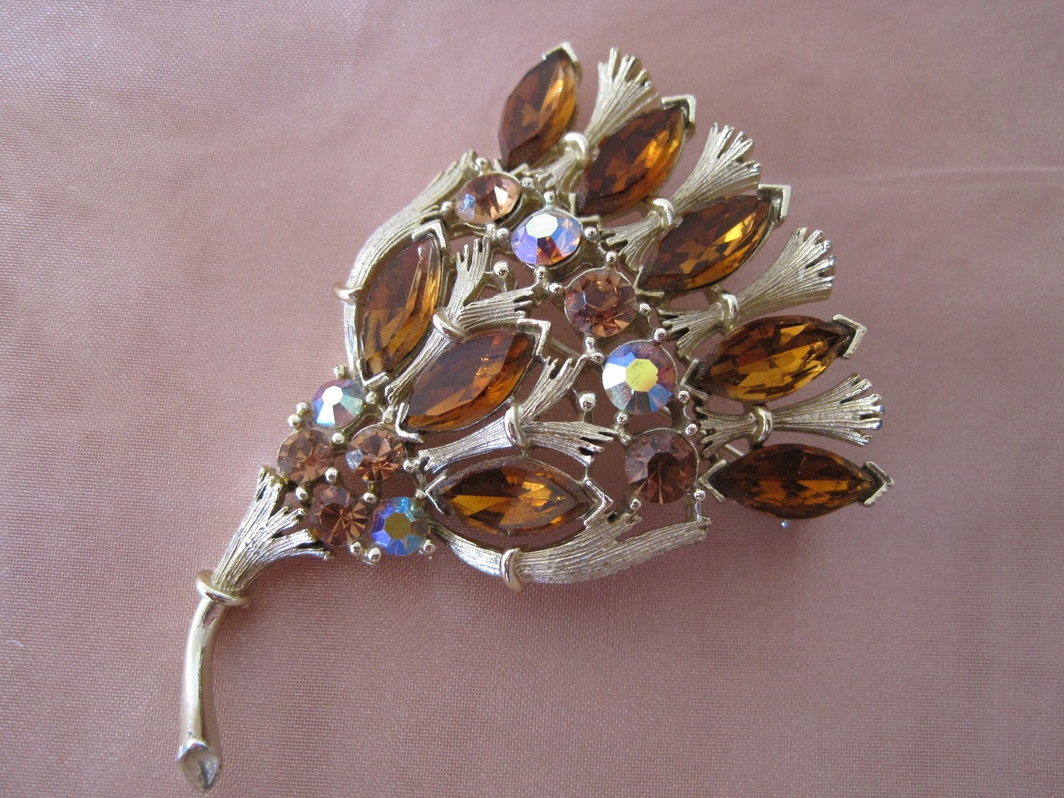 SALE - Vintage Lisner Amber Rhinestone Brooch
