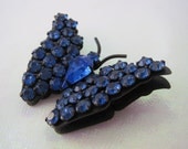 Vintage Gunmetal Blue Rhinestone Butterfly Brooch