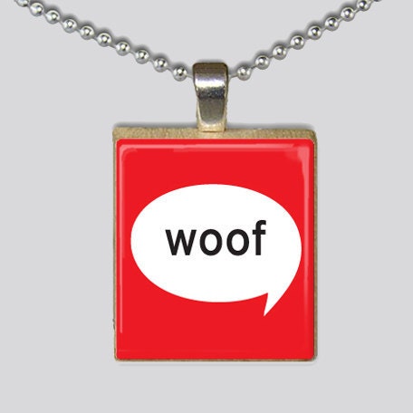 Scrabble Tile Necklace - Woof Dog Print - Red and White Pendant - Innocinch