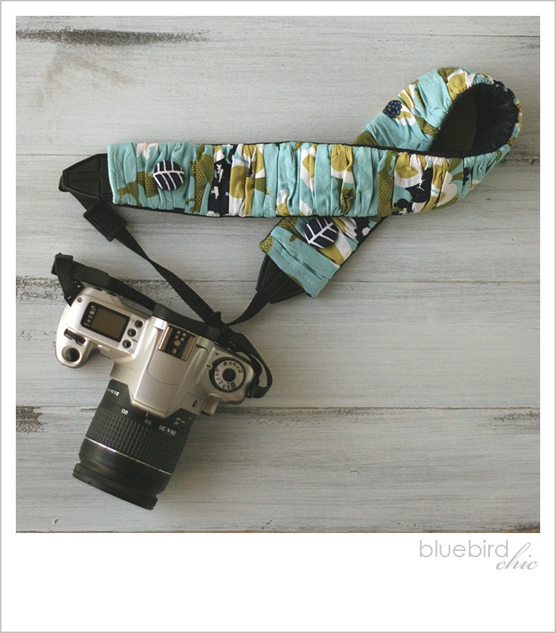 ruched camera strap cover - blue/navy floral