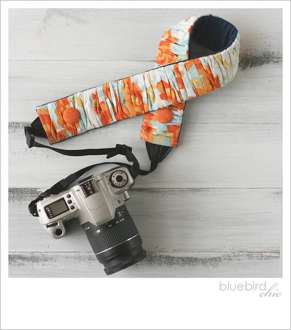 ruched camera strap cover - orange/aqua