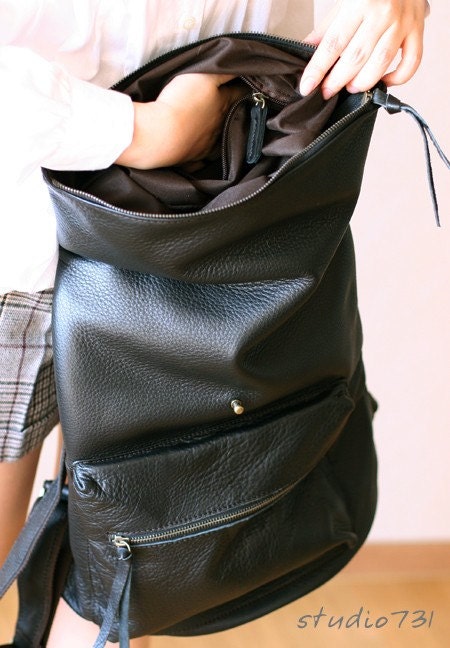 Square Shape Leather Backpack - Black