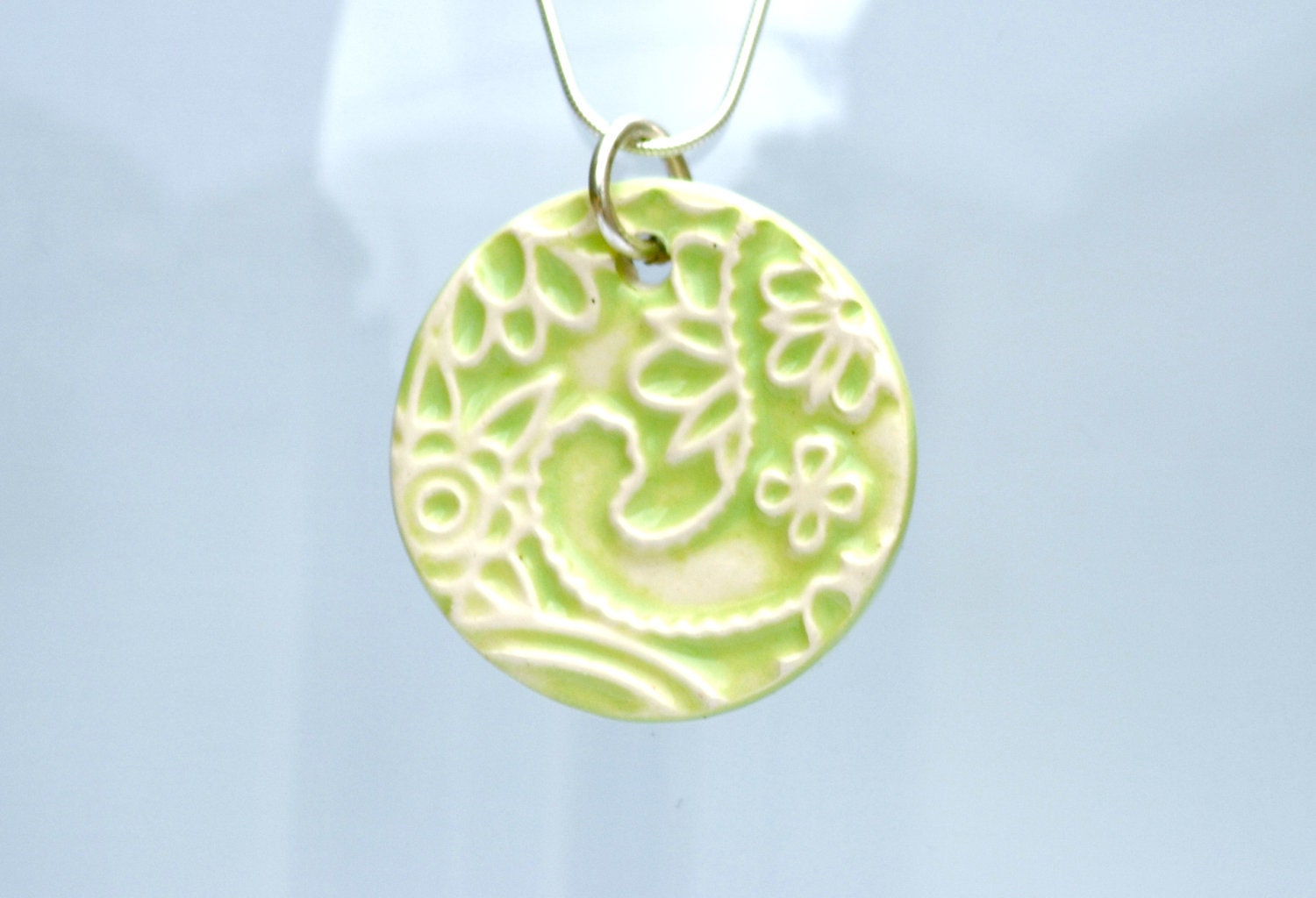 Green leaf Necklace Fresh Green Paisley ceramic pendant with Sterling silver bail and chain