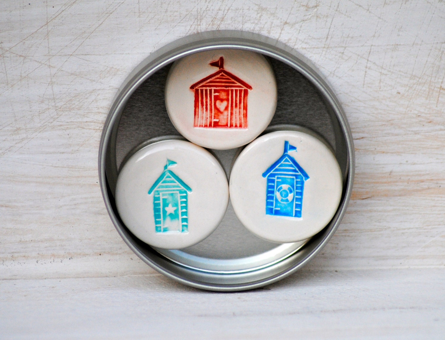 Beach Hut Magnets Ceramic set of 3 in a tin Blue, Turquoise & Red Fridge Magnets