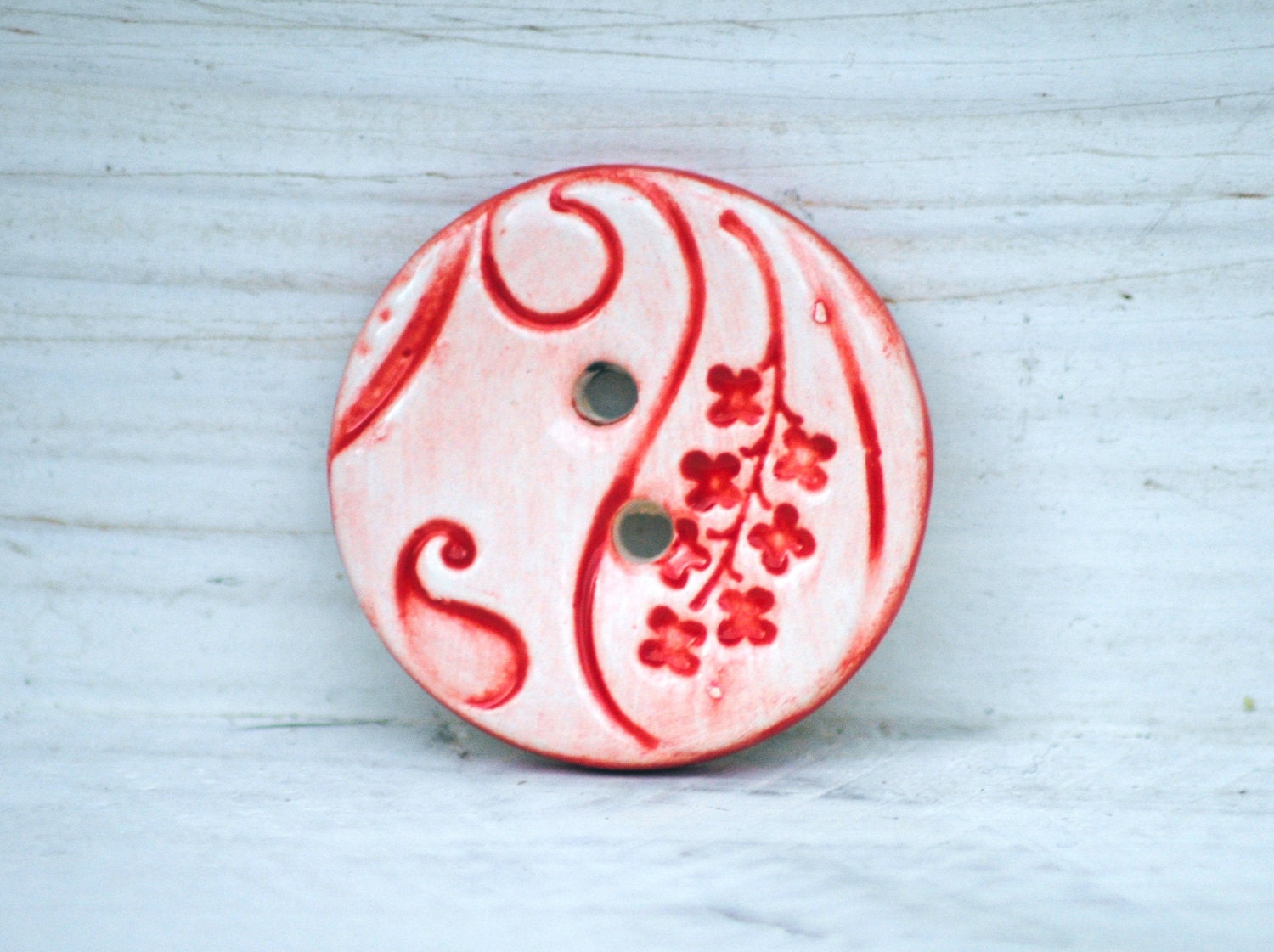 Red Ceramic Buttons Pair of Round Paisley leaves and flowers in Red and White