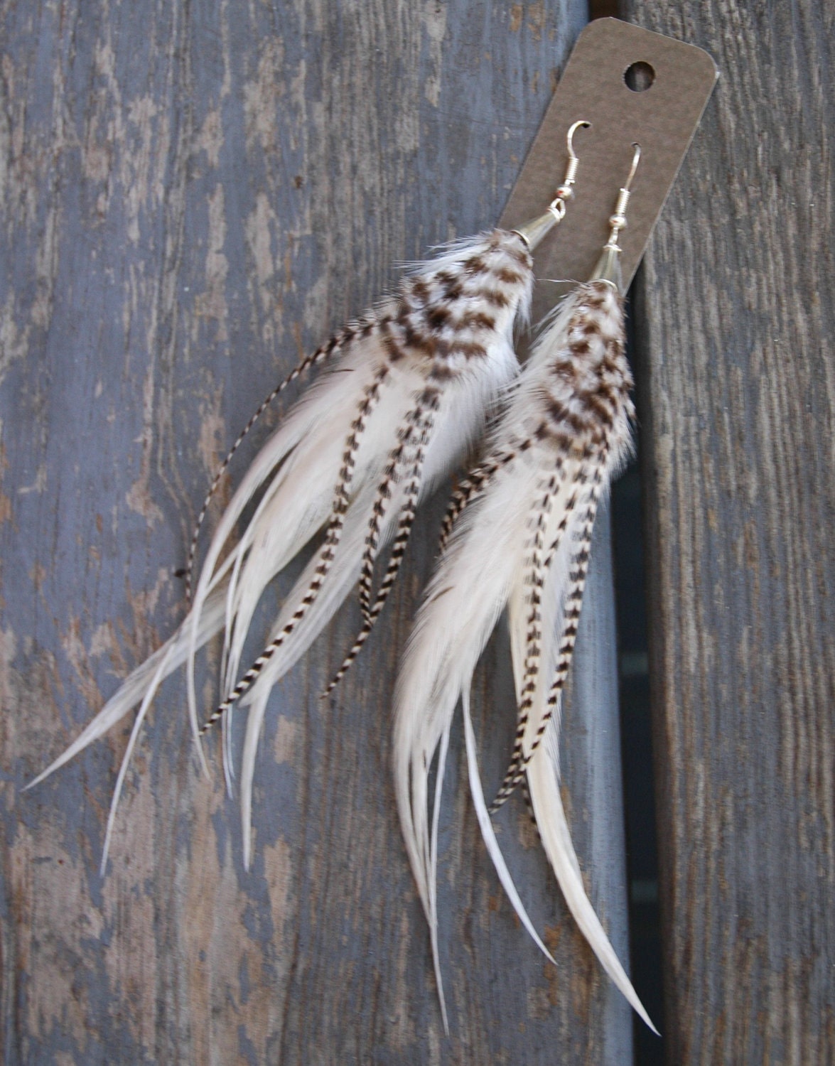 Long feather earrings - black and white grizzly feathers