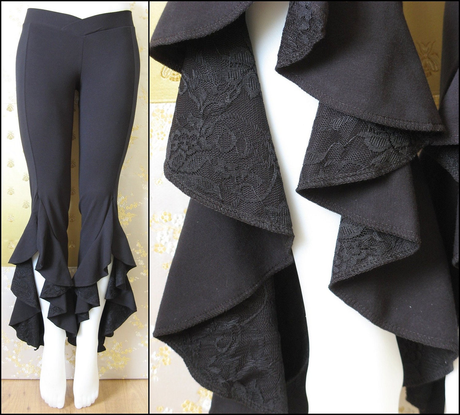 Tribal Belly Dance Hula Hoop Ruffle Pants Black with Lace Detail