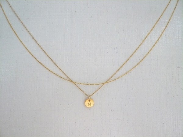 Gold Initial Necklace, 14k Goldfilled Double Chain, Dainty Personalized Hand Stamped Custom Disc Charm, Bridesmaid Necklace