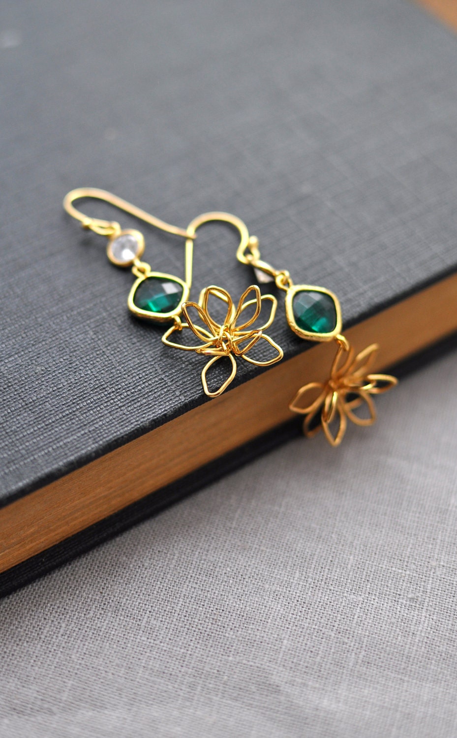 Light Drops Gold Plated Earrings - Emerald and Clear Crystal, Bridesmaid, Wedding Jewelry