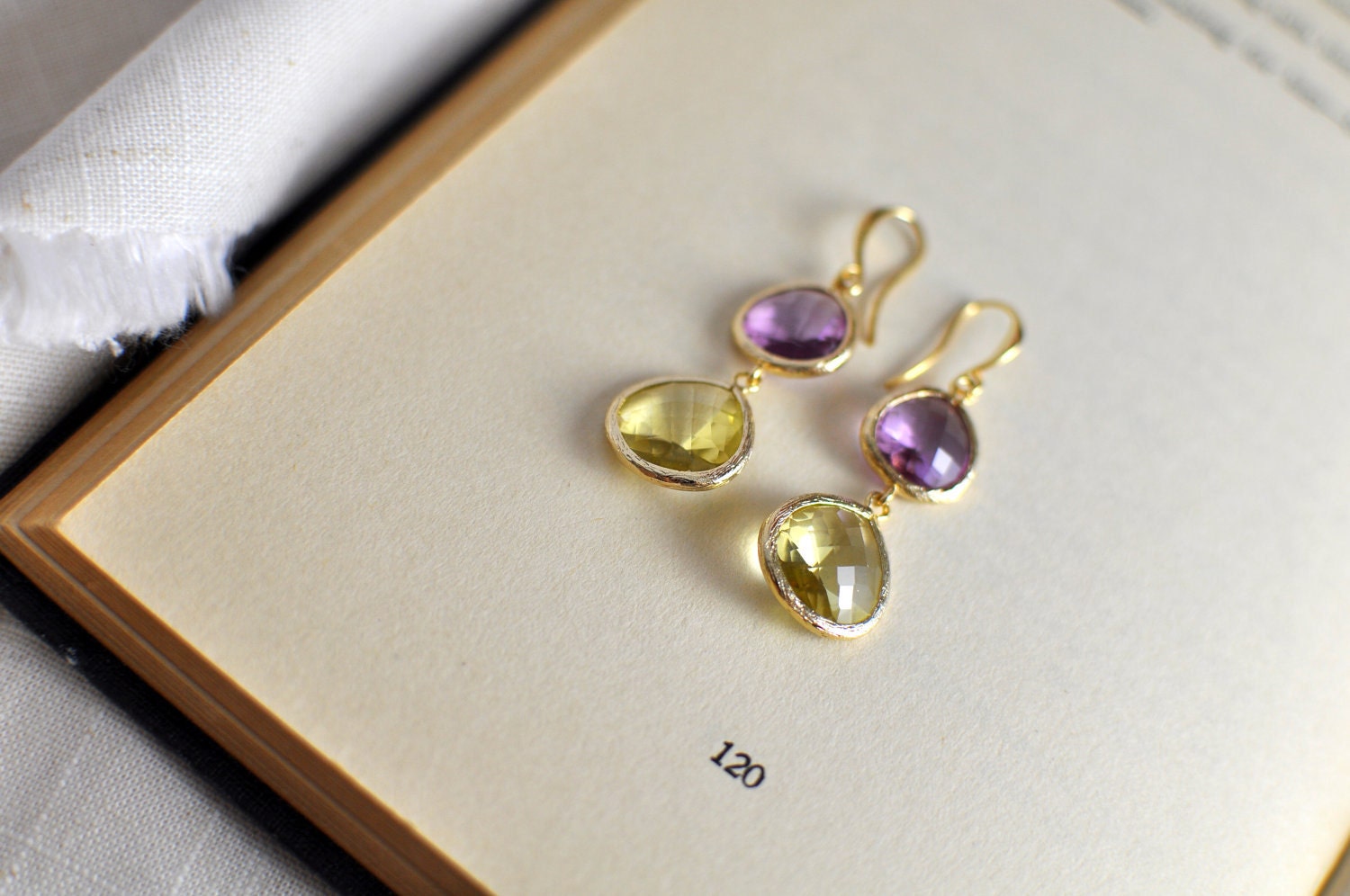 Light Drops Gold Plated Earrings - Lemon and Amethyst, Bridesmaid, Wedding Jewelry