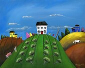 Hilly Hard Work 16x20 Summer Original Folk Art Acrylic Painting with Apple Tree Orchard Yellow Blue White House Red Wagon Horse