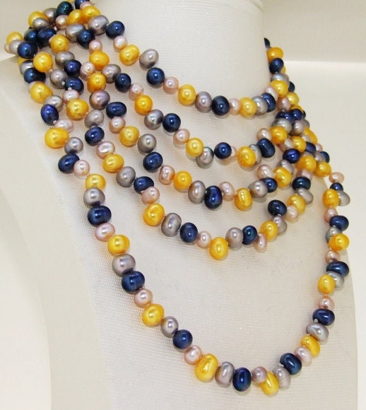72" Lariat  Knotted Necklace Blue Pearl Yellow Pearl Grey Pearl Freshwater Cultured  Pearl Gemstone Beads long necklace