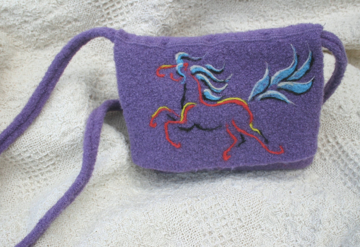 Shoulder Bag Rainbow Horse Needlefelt Design on Recycled Wool