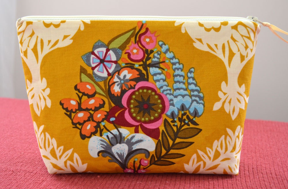 Zipper Pouch in Golden - yellow mustard saffron aqua flowers anna maria horner makeup bag travel case diaper bag organizer purse