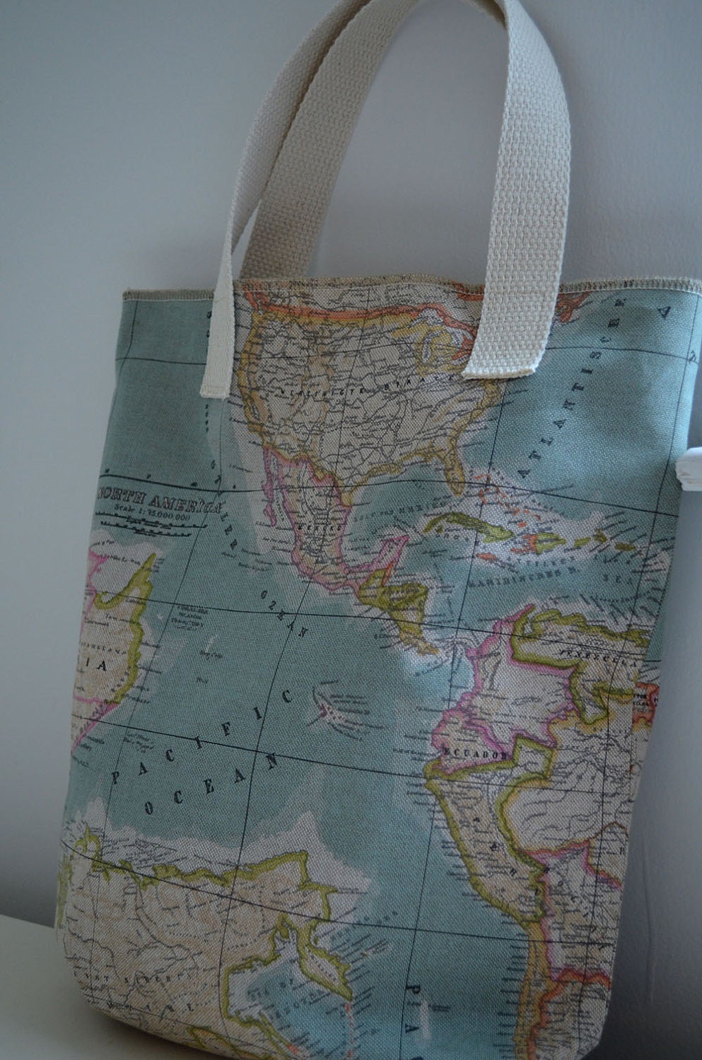 Market Tote Bag in World Map - globe travel shopping bag diaper bag school canvas continents atlas blue pastel library tote