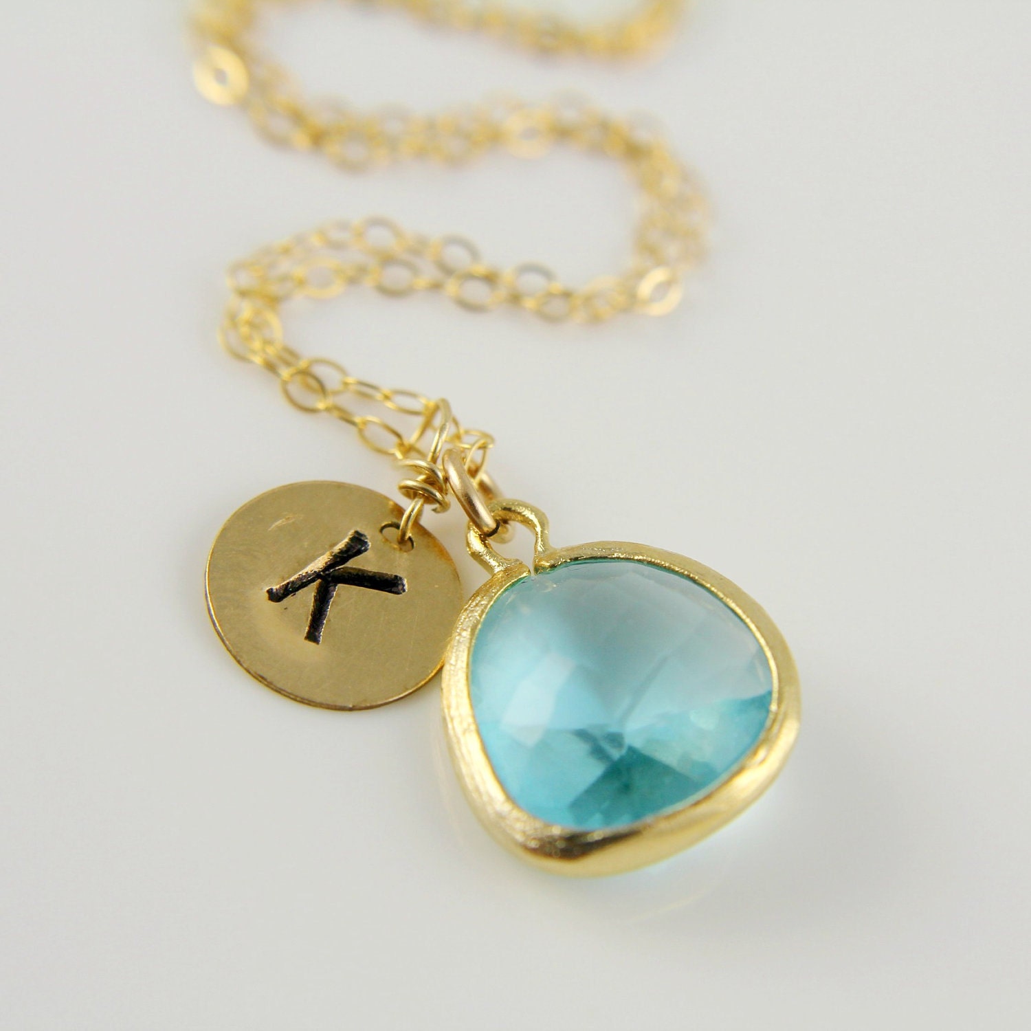 Monogram Necklace, Aquamarine Bridesmaid Gifts Handstamped Initial Necklace, Personalized Gift, Gold Filled, Wedding, Blue, Mothers Day Gif