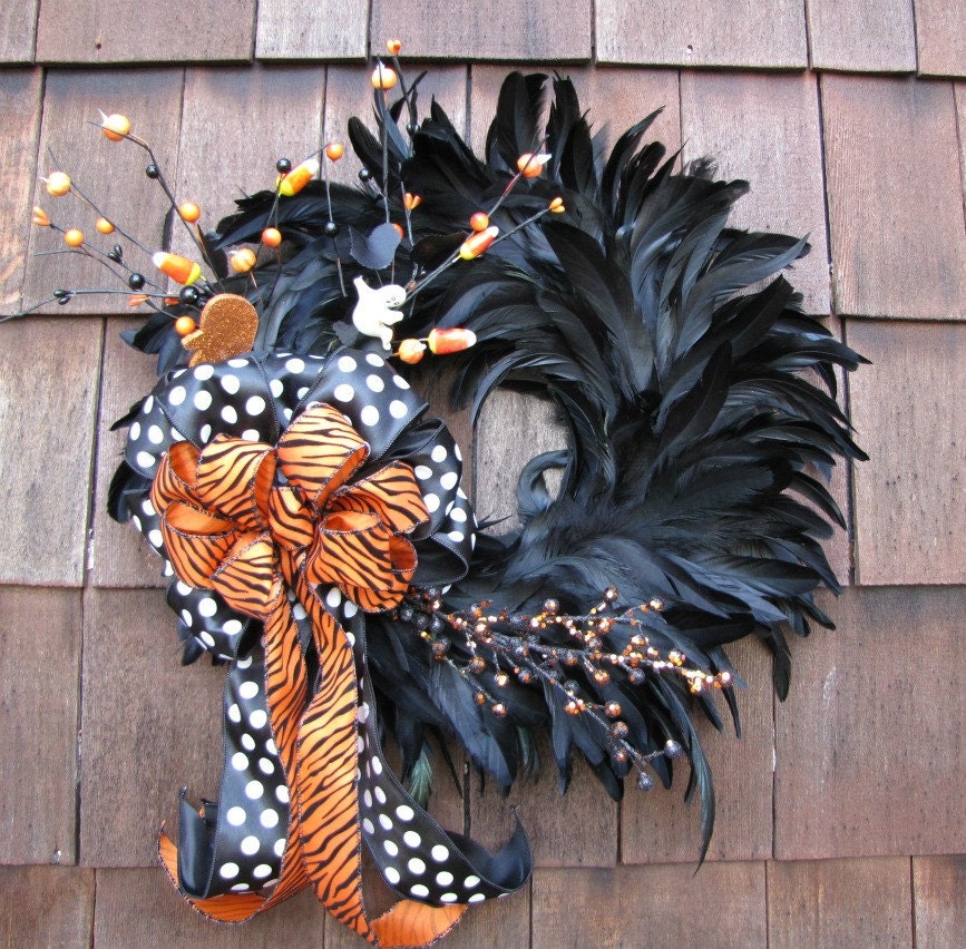 Sassy Black and Orange Halloween Feather Wreath