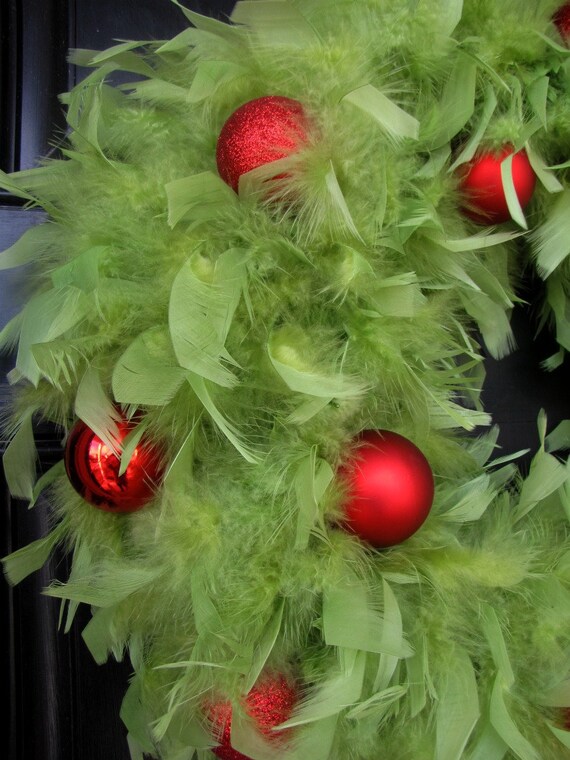 Christmas Wreath - Lime Green Feather Wreath with Red Ornaments