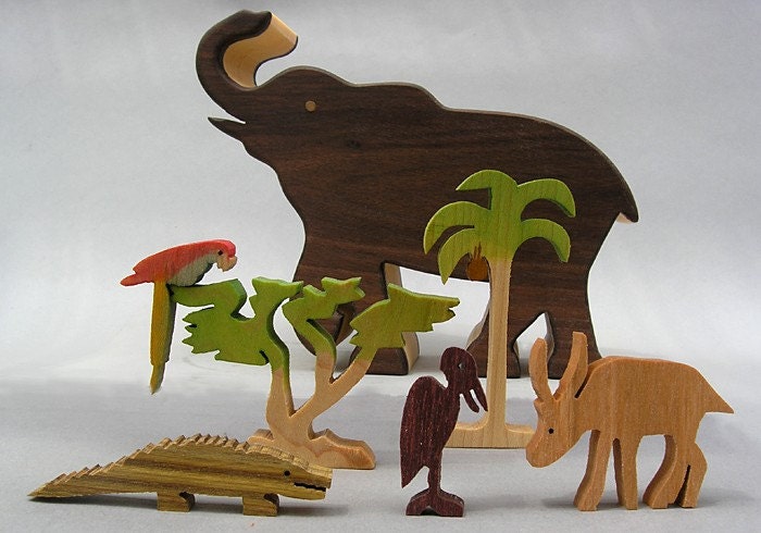 Elephant Story Box Wooden Toy African Zoo Animals Waldorf Gifts for Kids Boys Girls