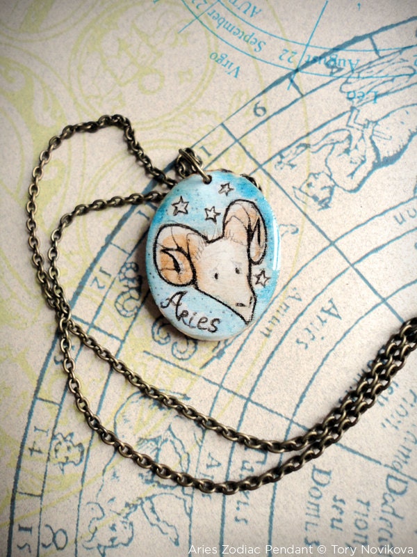 Aries Birthday, The Painted Zodiac Pendant and Brass Chain - MADE TO ORDER