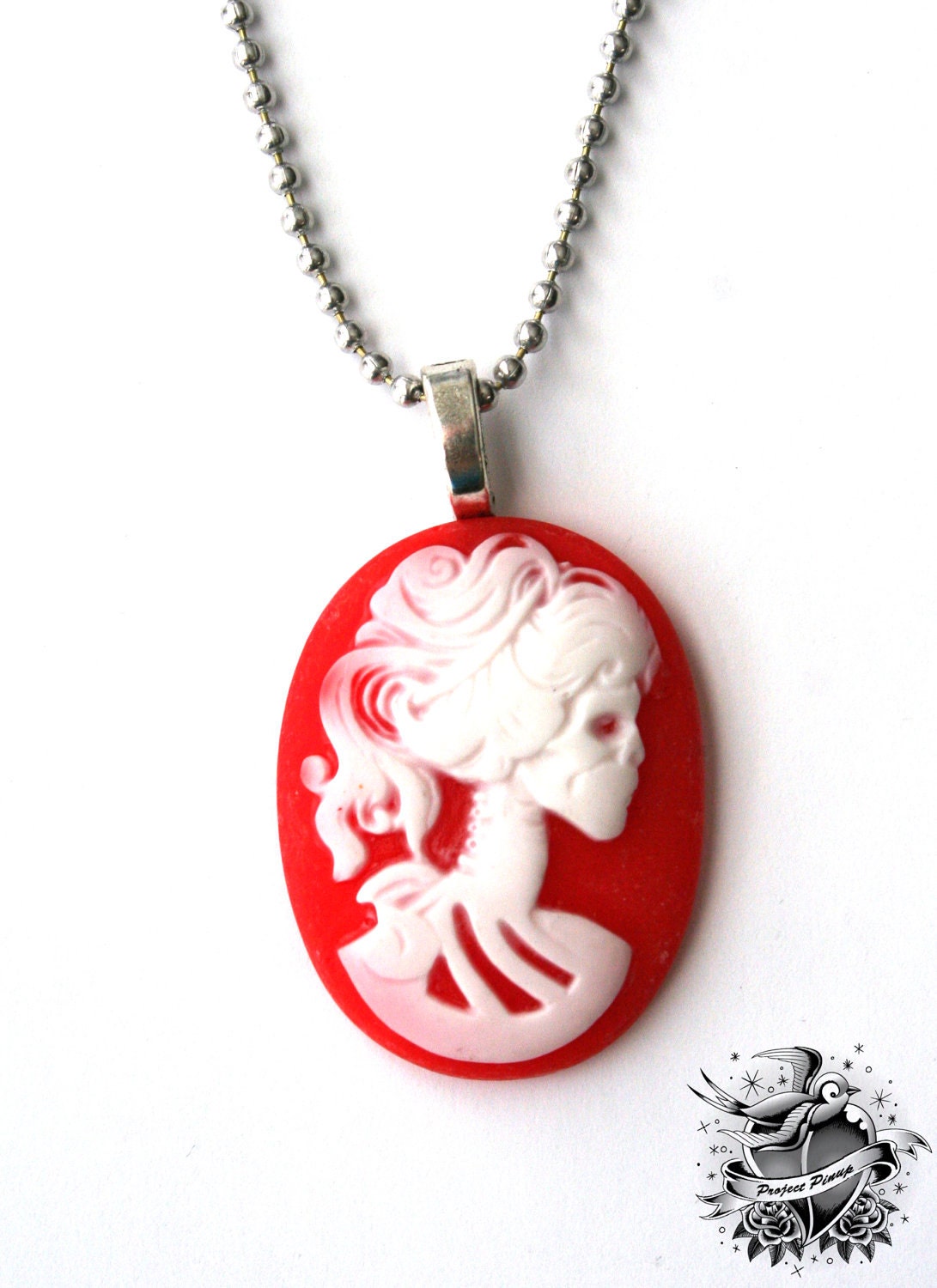 The Lady of Death- Red and White Skeleton Cameo Necklace JUST 5 BUCKS
