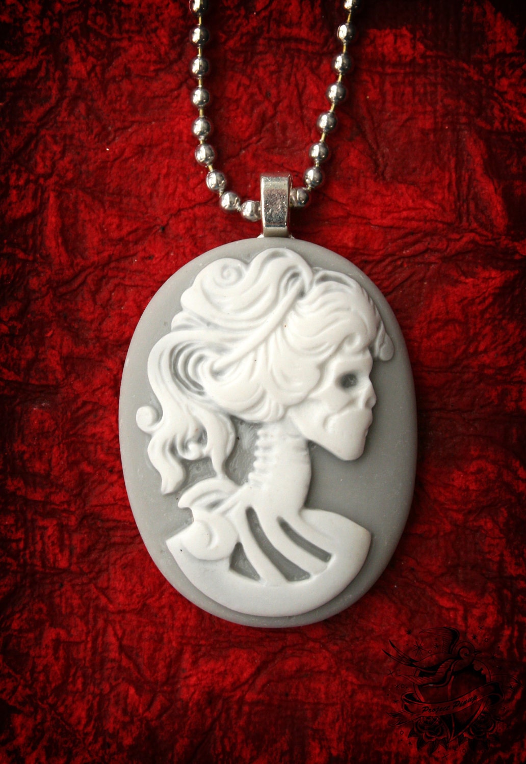 The Lady of Death- Gray and White Skeleton Cameo Necklace JUST 5 BUCKS
