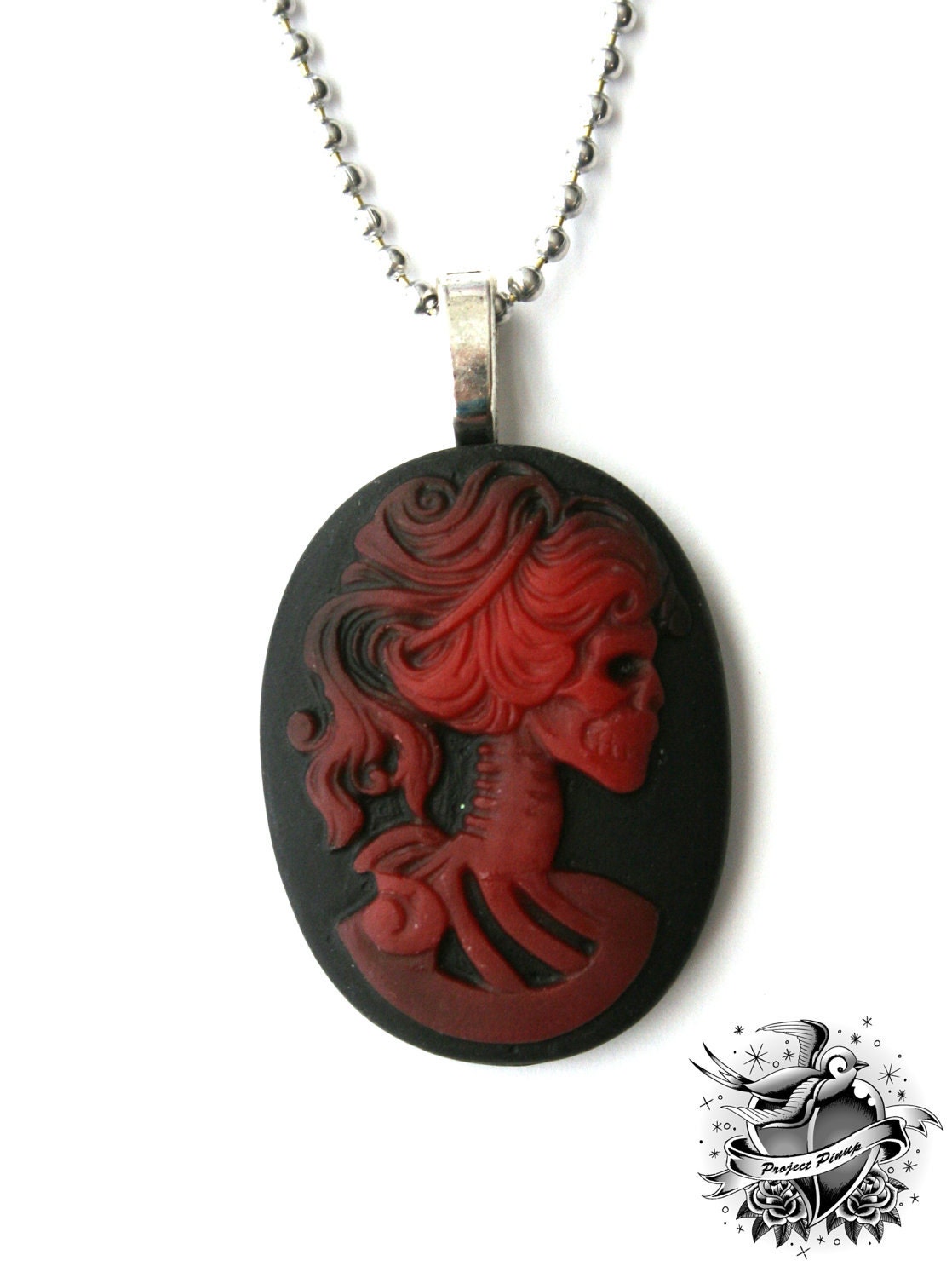 The Lady of Death- Black and Red Skeleton Cameo Necklace JUST 5 BUCKS