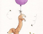 Dachshund Art Print- Carried Away- Dachshund with Purple Balloon- 5X7 Archival Print for Baby or Children