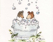 Collie Wall Art- Rub-a-Dub-Dub, Collies in a Tub  - 5X7 Archival PRINT- -Nursery Wall Art-