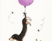 Dachshund Art Print- Carried Away- Black and Tan Dachshund with Purple Balloon- 8x10 Archival Print for Baby or Children