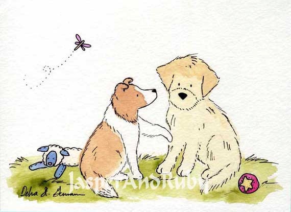 Puppy Dog Nursery Art- Sheltie and Golden Retriever-  5X7 Archival PRINT- Play With Me