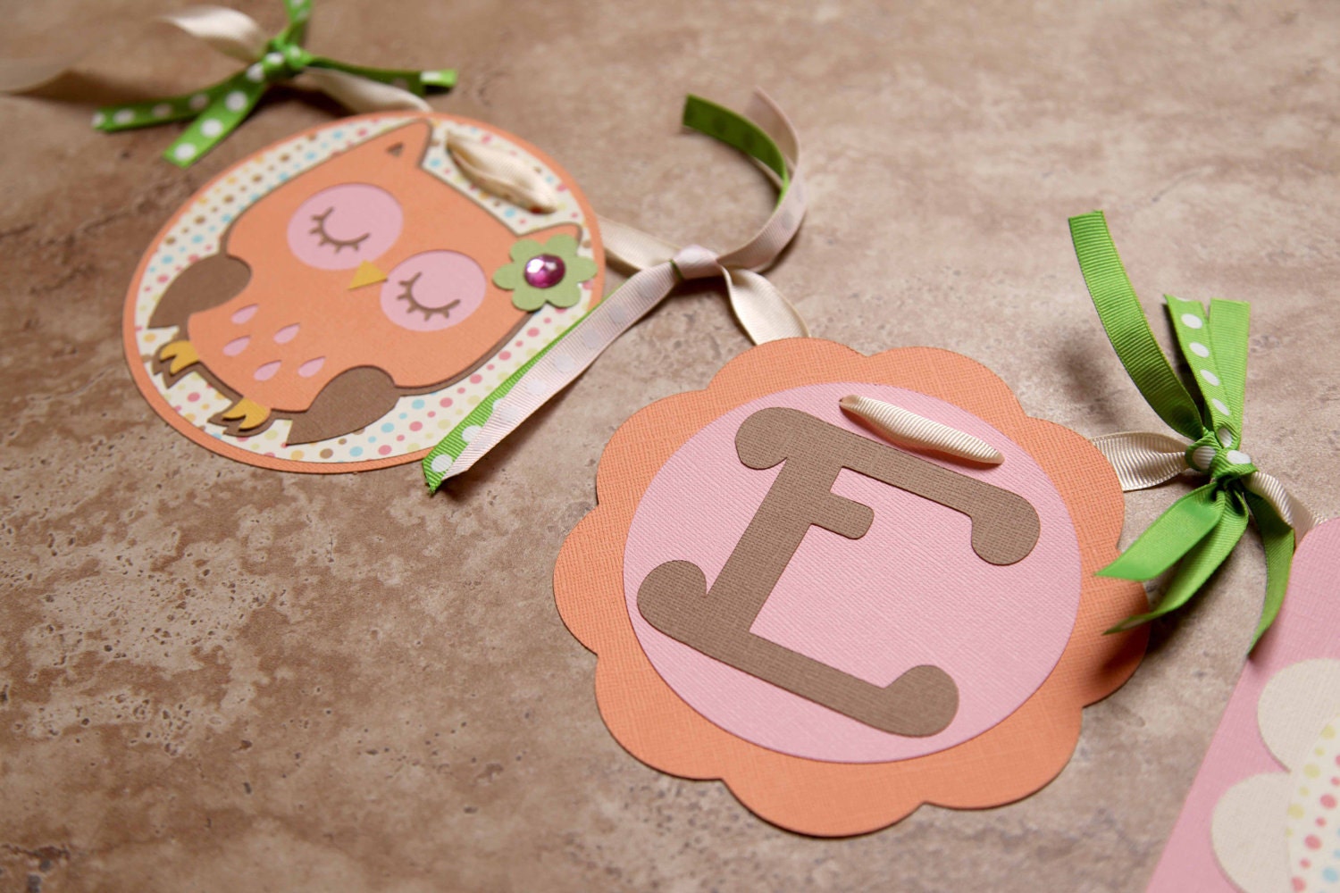 Owl Banner - orange- pink- green - Birthday -  Baby Shower - Banner - (6 characters and an owl at each end)