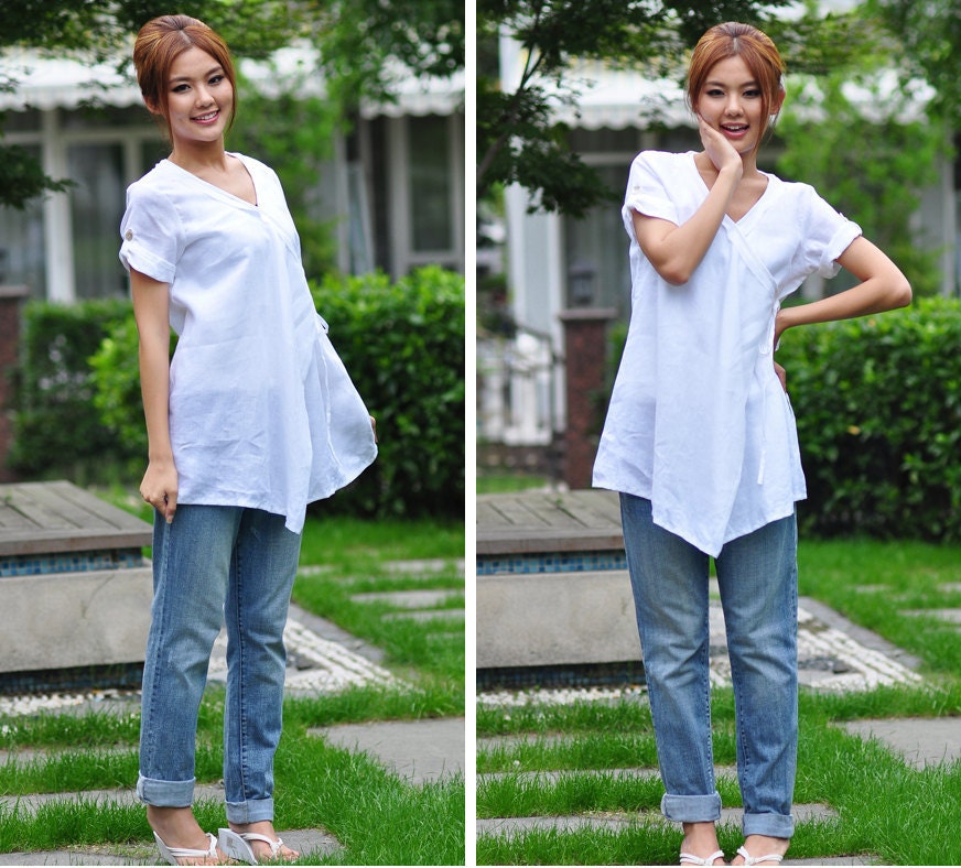 Hanging Rope Linen Long Blouse whith Pleats/ Ethnic Style Tunic with Ruffles/ 19 Colors
