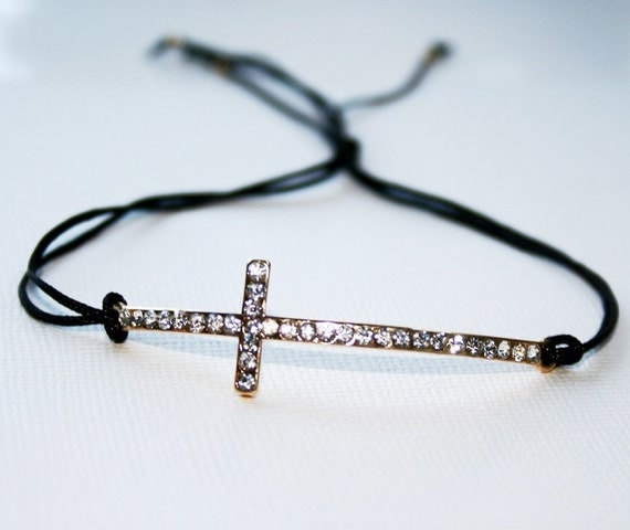 Curved Crystal Cross - Black Pull Bracelet