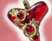 Heart Shaped Red Fused Glass and Gold Wire Wrapped Pendant