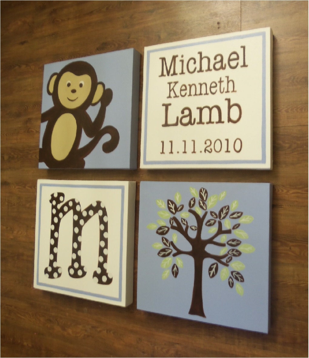 large nursery painitng- 4 canvas piece- M2M decor- baby blue brown- custom sizes and colors available