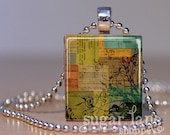 Abstract Fall Colors Necklace - (PVF1 - Teal, Orange, Green, Yellow) - Scrabble Tile Pendant with Chain
