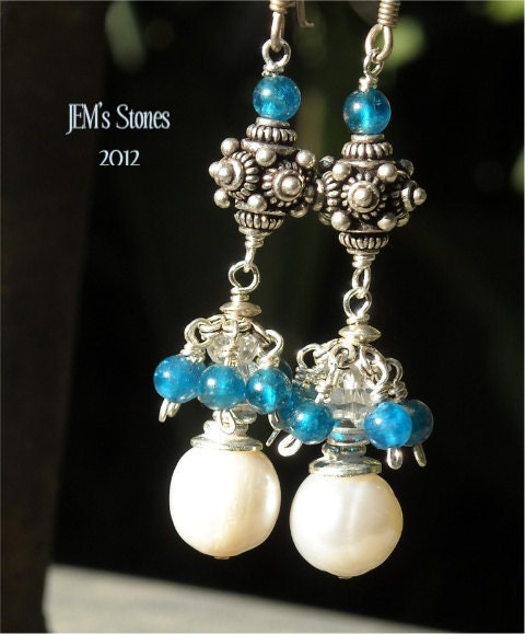 Blue Apatite and Pearl Sterling Silver Earrings