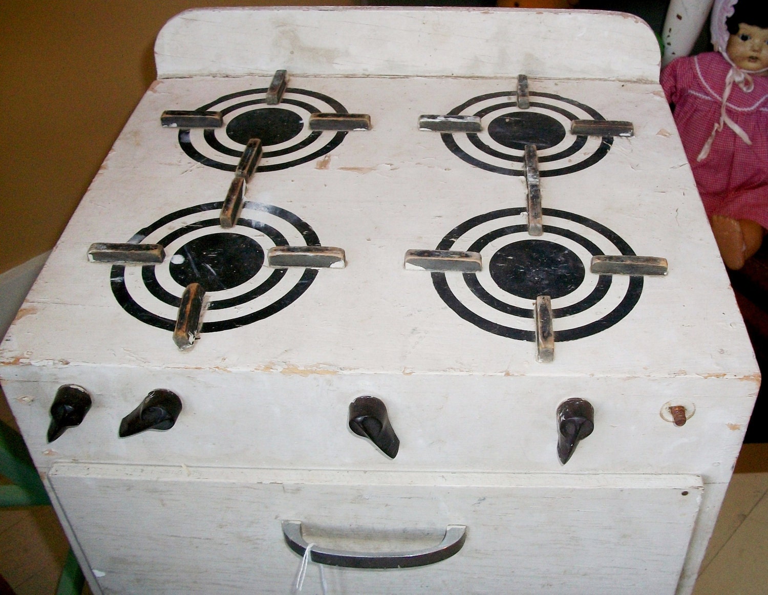 Vintage Play STOVE, Handmade & Realistic Toy, FOLK ART,  Wooden with Opening Oven Section and Broiler, Knobs, Burners - Sale-