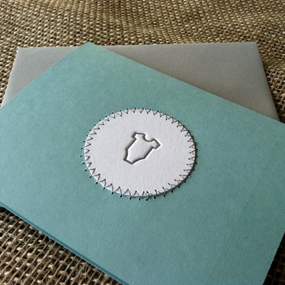 letterpress & stitched baby card - gray onesie on blue card
