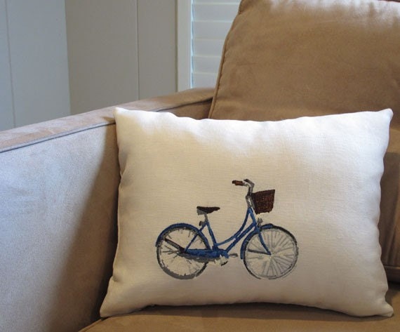 Blue Vintage Bicycle pillow, embroidered on linen