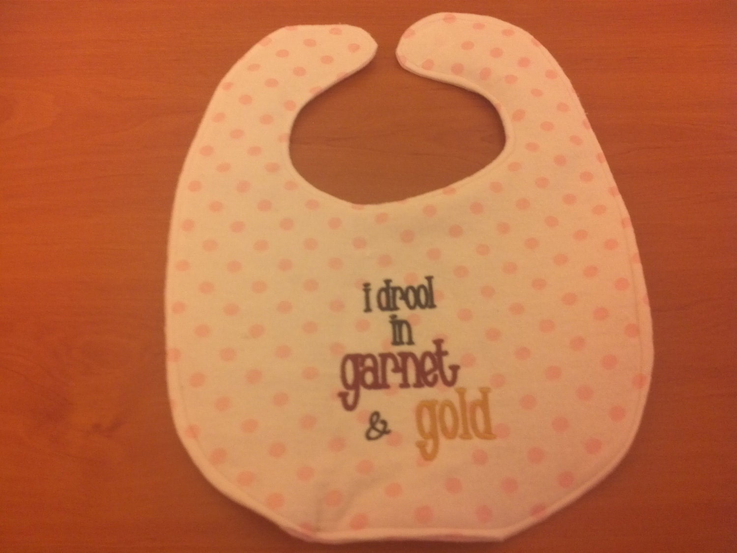 I Drool in Garnet and Gold Embroidery Handmade Baby Girl Bib