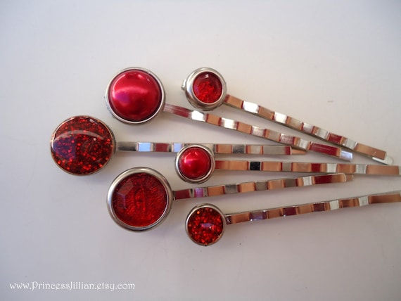Bridal Cabochon bobby pins - Lipstick red pearls and glitters TREASURY ITEM - PrincessJillian