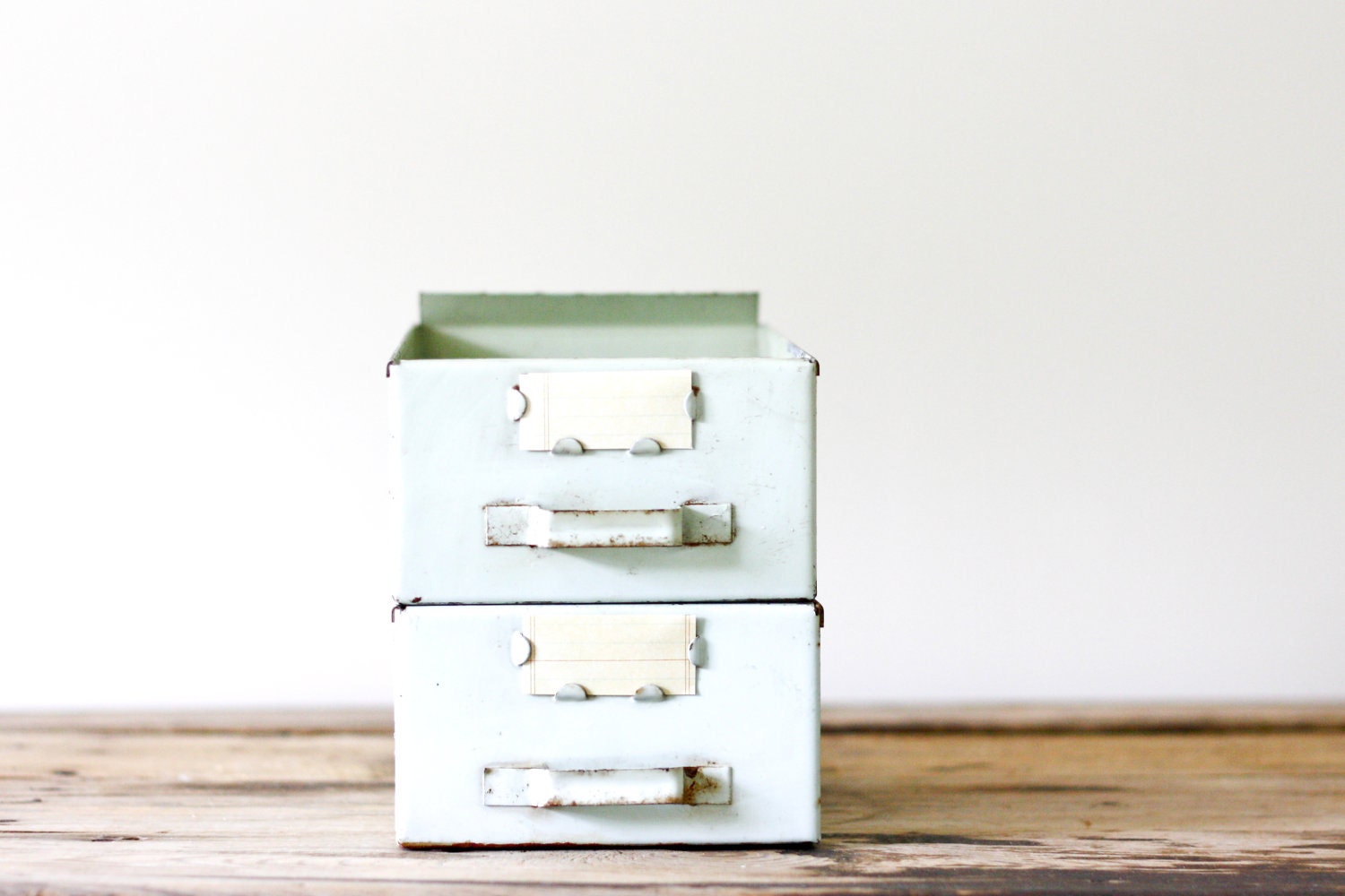 RESERVED for Michelle Mint Green Vintage Industrial Metal File Drawers, Set of Two