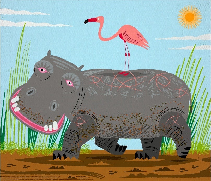 The Hippo and The Flamingo - Limited Edition Animal Art Print - iOTA iLLUSTRATION